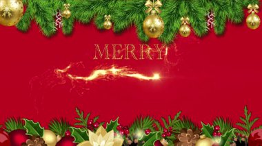 Mutlu Noeller ve Mutlu Yeni Yıllar altın parçacıkları, ağaç süslemeleri ve kırmızı arkaplanlı altın metin animasyonları