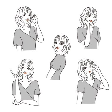 Çeşitli ifadelere sahip zarif kadın üst vücudu çeşitli ifadelere sahip stil sahibi kadın üst vücudu