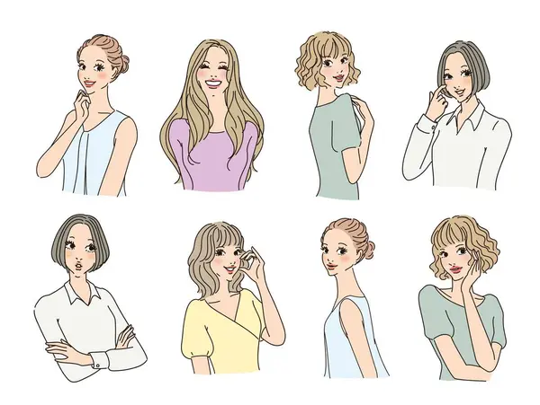 Stylish Female Upper Body Various Expressions Stylish Female Upper Body — Stock Vector