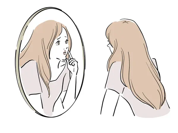 Långhårig Kvinna Tittar Spegeln — Stock vektor