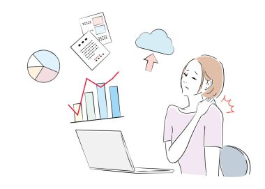 Bilgisayarda çalışan kadın ofis çalışanının çeşitli yüz ifadeleri.