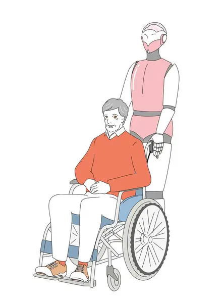 Tekerlekli Sandalyede Zarif Bir Son Sınıf Öğrencisi Bakıcı Bir Robot — Stok Vektör