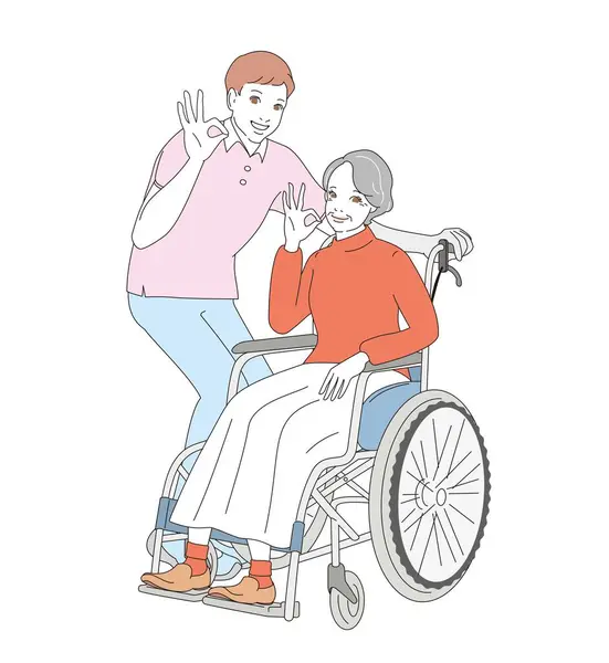 Elegant Senior Caregiver Wheelchair — Stock Vector