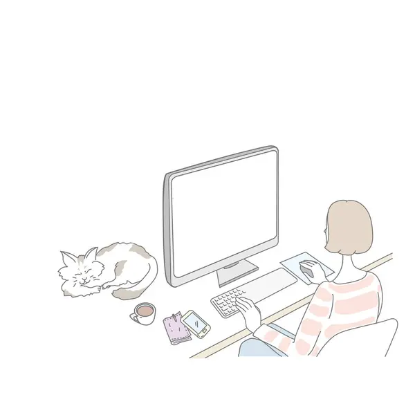 Günlük kıyafetlerle bilgisayarda çalışan biri.