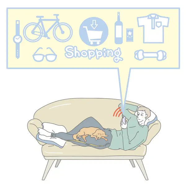 Une Personne Utilisant Smartphone Tout Relaxant Sur Canapé — Image vectorielle