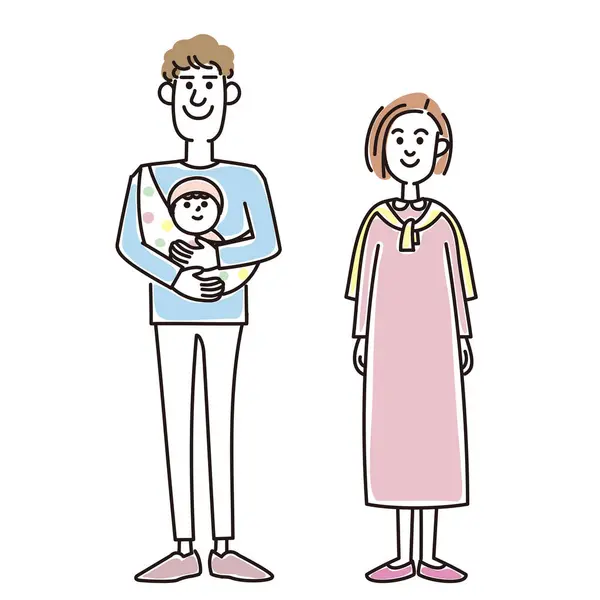 Şık, genç bir çift, çocuklar ve köpek yavrusunun tasviri.