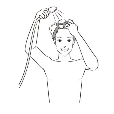 Bir adam şampuanlı saçlarını duşta yıkıyor.