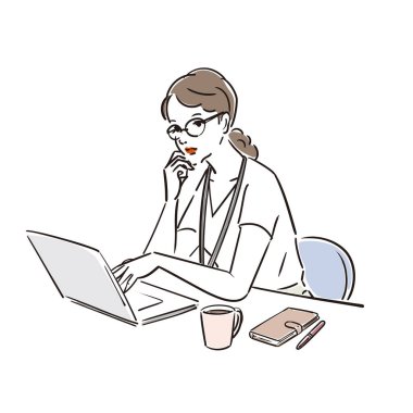 Gözlüklü bir kadın masa başı işi yapıyor.