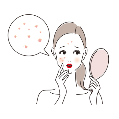 Sivilce ve sivilceleri el aynasıyla kontrol eden sorunlu bir kadın.