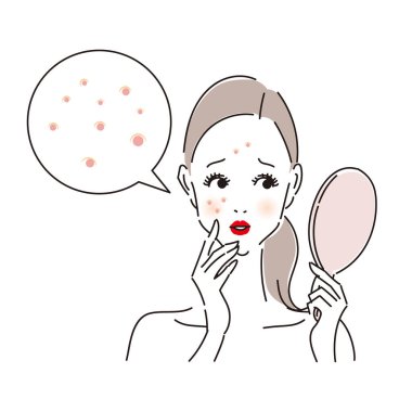 Sivilce ve sivilceleri el aynasıyla kontrol eden sorunlu bir kadın.