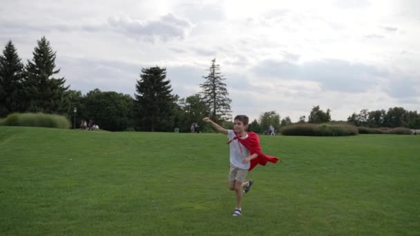 Happy Smiling Boy Wearing Red Cape Running Vibrant Green Meadow — Vídeos de Stock