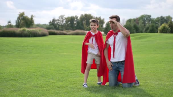 Carefree Smiling Father Mixed Race Son Dressed Superheroes Having Fun Stock Video