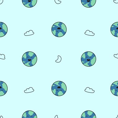 Şirin toprak ve bulutlar Kusursuz Şablon, Çizgi film Bilim Arkaplanı, Vektör İllüzyonu