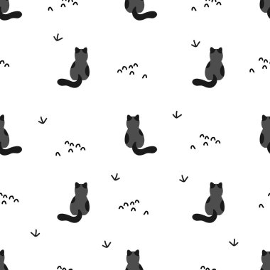 Kawaii Şirin Gri Kedi Kusursuz Desen, Çizgi Film Hayvanı Arkaplanı,