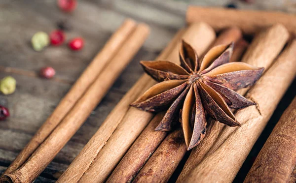 Anise Seeds Cinnamon Sticks Pink Pepper Spice Rack Cooking Meats — Stock Photo, Image