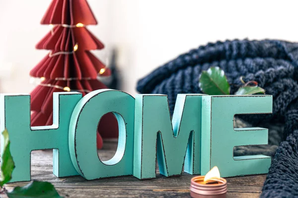 Weihnachten Hintergrund Mit Dekorativem Wort Home Strickelementen Und Dekorationsdetails — Stockfoto