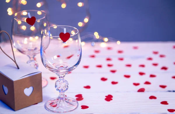 Achtergrond Met Lege Glazen Wijn Romantisch Diner Voor Valentijnsdag Concept — Stockfoto