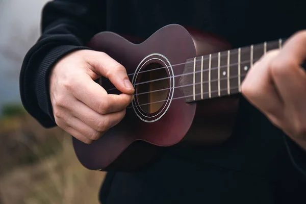 Genç Bir Adam Ukulele Gitarını Arka Planda Bulanık Bir Şekilde — Stok fotoğraf