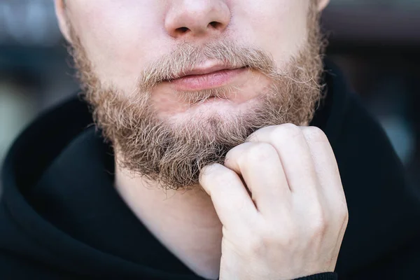 Close Young Man Touches His Beard Part His Face His — Stock Photo, Image