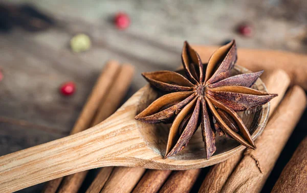 stock image Anise seeds, cinnamon sticks and pink pepper, spice rack for cooking meats, cakes or mulled wine on wooden table, selective focus and copy space.