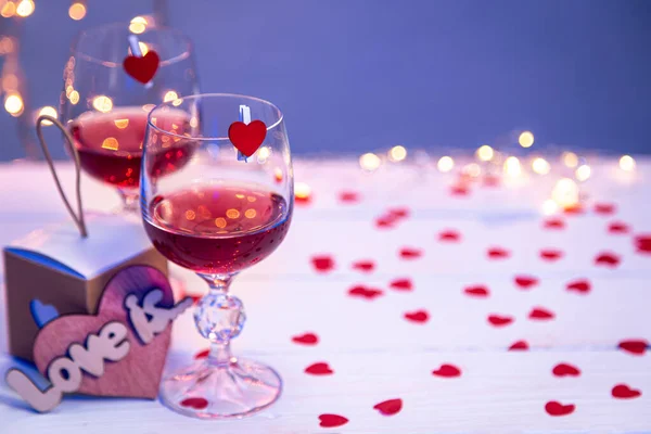 Fondo Con Copas Vino Cena Romántica Para Concepto San Valentín —  Fotos de Stock