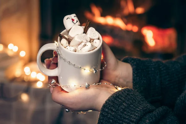 Cup Cocoa Marshmallows Female Hands Fireplace Close — Stock Photo, Image