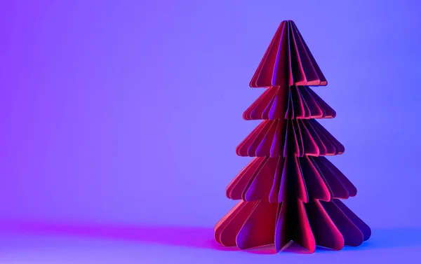 Papel Decorativo Árvore Natal Sobre Fundo Rosa Com Luz Néon — Fotografia de Stock
