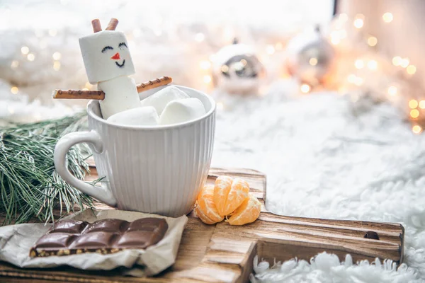 Fundo Natal Com Boneco Neve Marshmallow Uma Xícara Espaço Cópia — Fotografia de Stock
