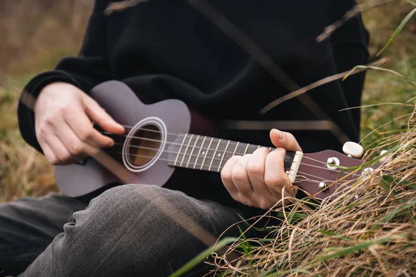 Homme Joue Guitare Ukulélé Dans Nature Les Doigts Gros Plan — Photo