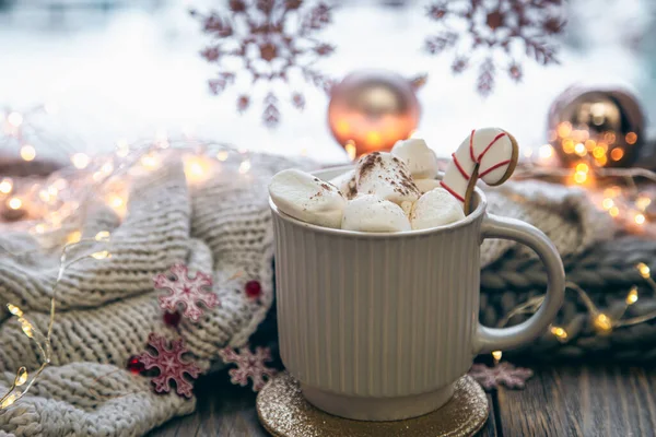 Christmas Background Cup Cocoa Marshmallows Festive Decor Details — Stock Photo, Image