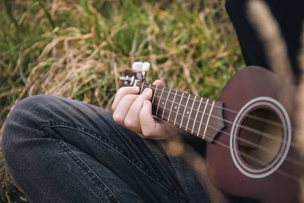 Bir Adam Doğada Gitar Çalar Yakın Plan Parmaklar Telleri Sıkar — Stok fotoğraf