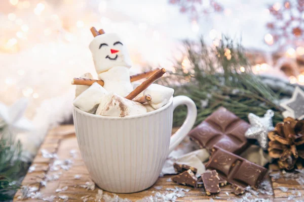 Weihnachten Hintergrund Mit Marshmallow Schneemann Einer Tasse Kopierraum — Stockfoto