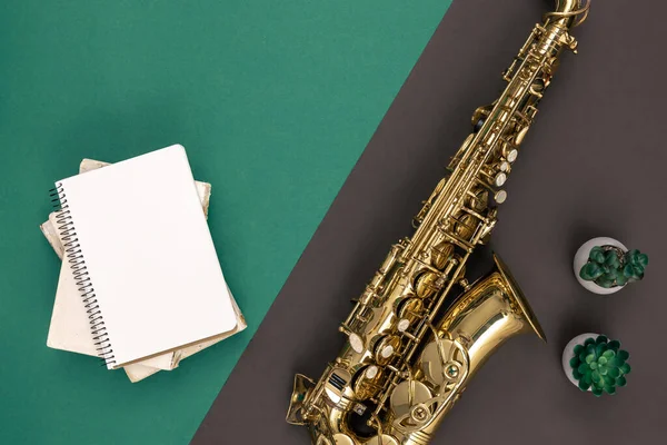 Minimalistic Green Background Saxophone Notepad Top View Copy Space — Stock Photo, Image
