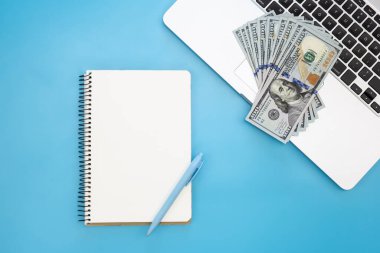 Boş not defteri ve dizüstü bilgisayarda para, düz konum, kopyalama alanı.