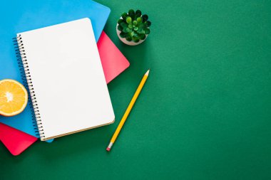 Yeşil arkaplan, okul konsepti, düz yatış, kopyalama alanı üzerine defterler.