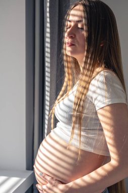 Attractive young pregnant woman on a sunny morning at the window, belly close-up.