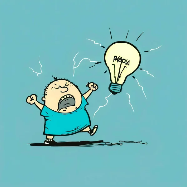 Cartoon man and light bulb, idea generation concept.
