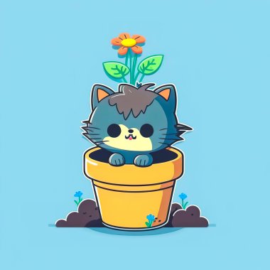 A cute kitten sits in a flower pot, a cat among the flowers, funny comic cartoon illustration.