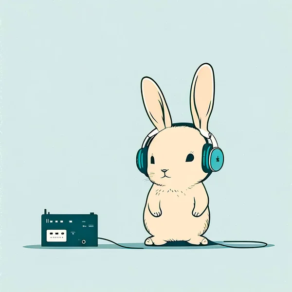 Cute hare listens to music with headphones, cartoon character, copy space.