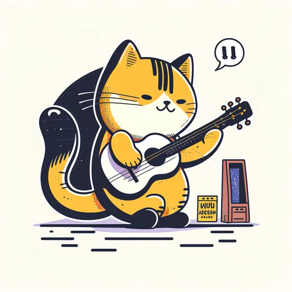 Cute cat plays the guitar, funny comic cartoon illustration.