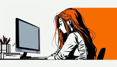 Tired girl in front of a computer screen, the concept of fatigue and burnout at work.