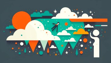 Cartoon composition with dreamy little girl, childish fantasy concept.