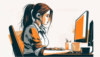 Tired girl in front of a computer screen, the concept of fatigue and burnout at work.