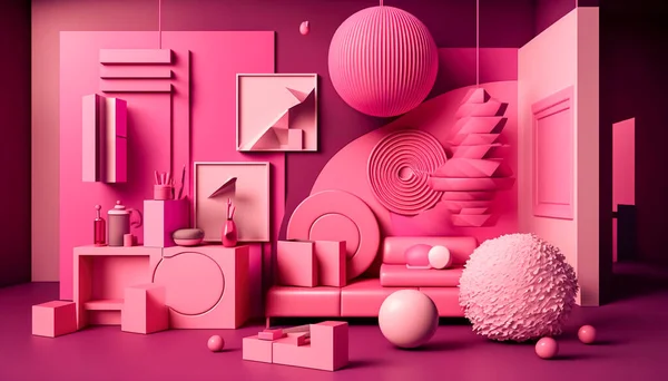 Cartoon interior of the room in the trendy Viva Magenta color, voluminous geometric shapes and forms.