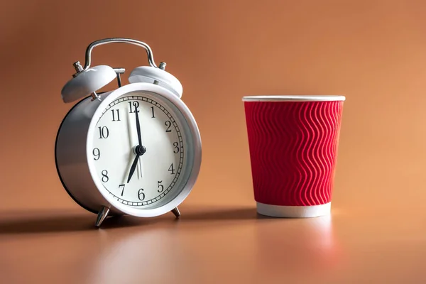 Alarm Clock Paper Disposable Glass Coffee Morning Concept — Fotografia de Stock