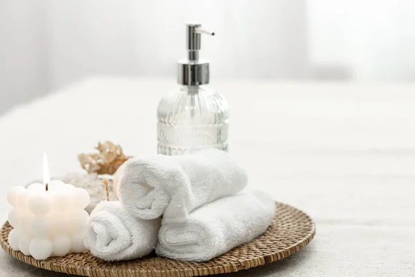 Spa Composition Towels Candle Soap Dispenser Blurred White Background Copy — 图库照片