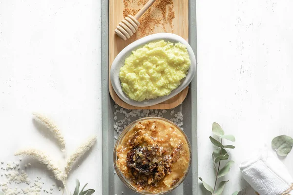 stock image Spa composition with natural honey and other hygiene items, top view.