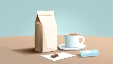 Bir fincan sütlü kahve ve bir paket kahve çekirdeği..