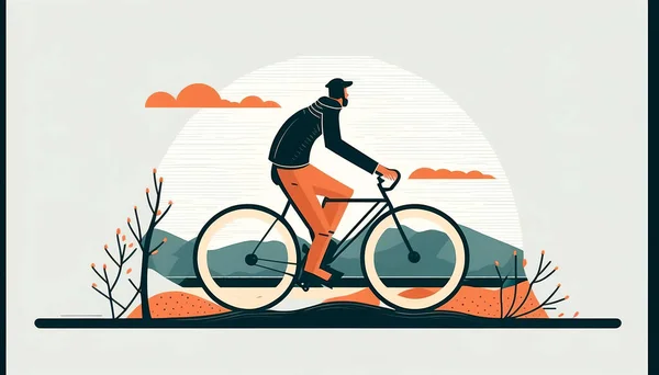 A man rides a bike in nature, cartoon illustration.