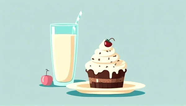 クリームとミルクのガラスでカップケーキを食欲をそそる おいしいデザート — ストック写真